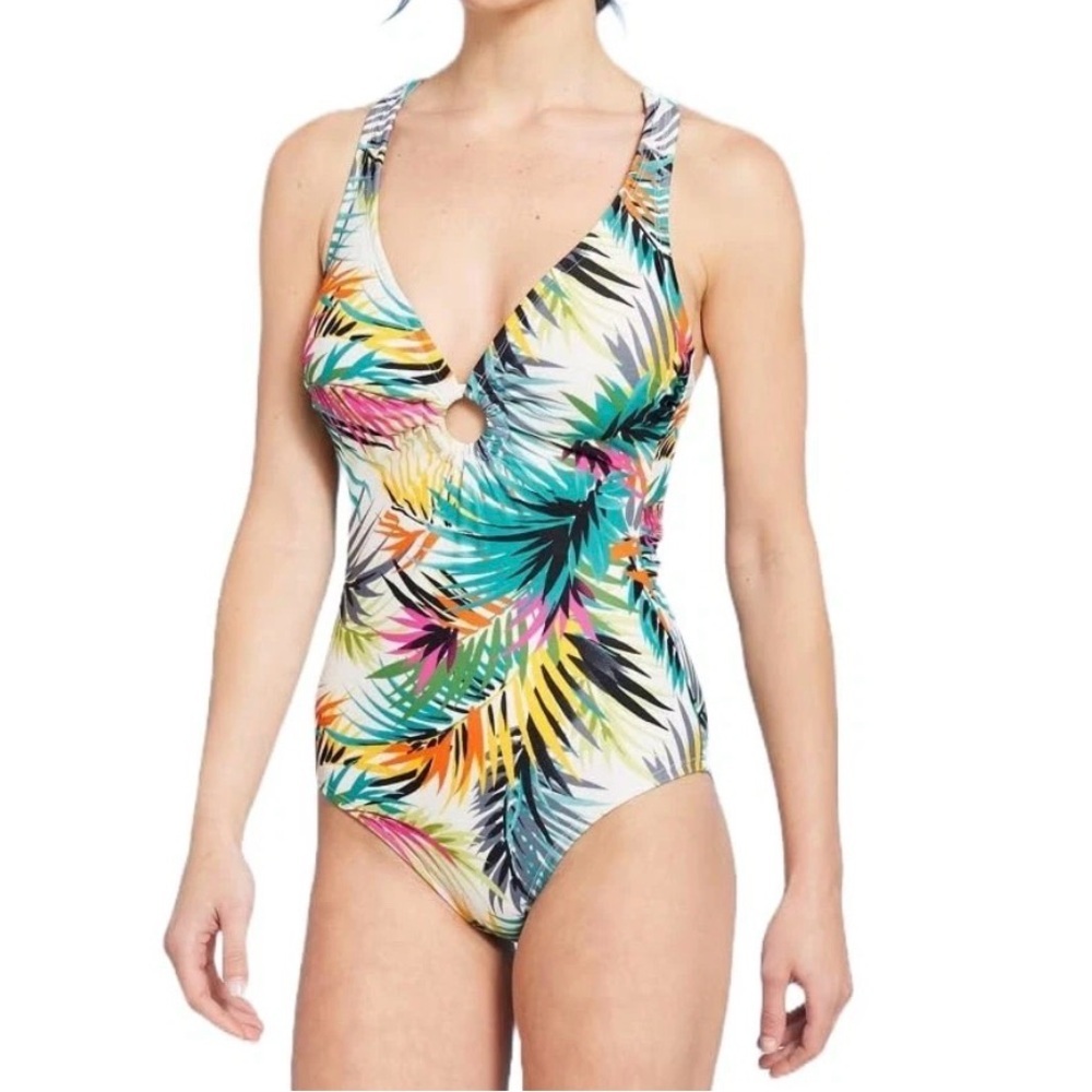 NWT Shade & Shore Women's Tropical Plunge Ring Detail One Piece Swimsuit Sz M